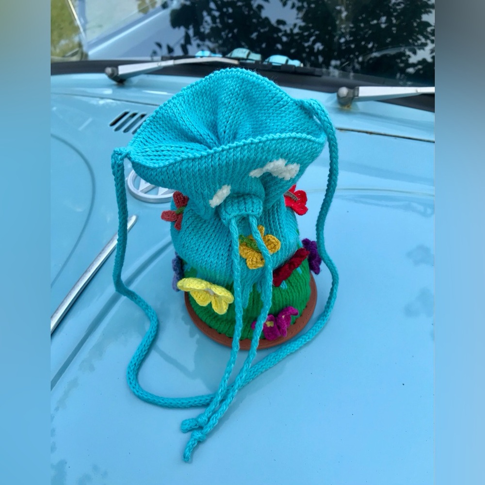 Handmade Knit & Crochet Nice Day Round Small Floral Butterfly Crossbody Bag - Picture 15 of 16